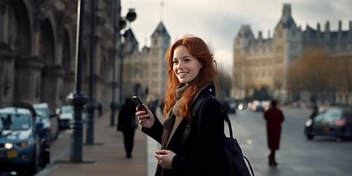 Fraut mit roten Haaren freut sich ein souveränes Telefonat auf Englisch geführt zu haben