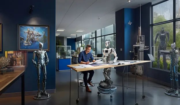 Ein Mann am Schreibtisch korrigiert KI-Übersetzungen, umgeben von Robotern