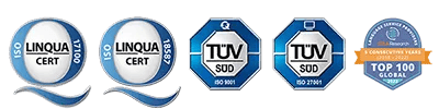 5 certification badges for: ISO 17100, ISO 18587, ISO 9001, ISO 27001 and the Top100 Language Service Providers.
