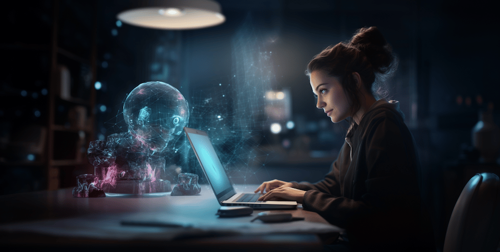 Frau am Laptop optimiert Conversions mit künstlicher Intelligenz
