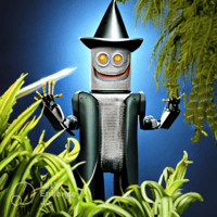KI Zauberer-Roboter mit grünen Pflanzen und blauem Hintergrund: Conversionzauberbild 3