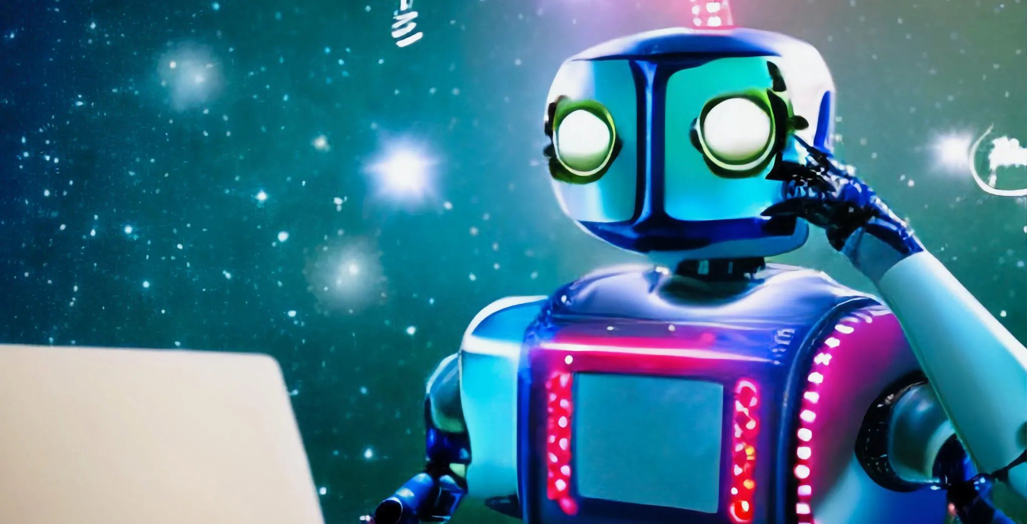 Roboter in blau und pink fasst sich denkend an den Kopf aufgrund des Conversionzaubers durch KI