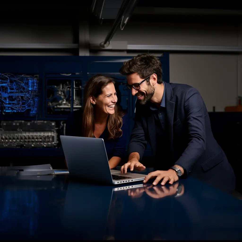 Zwei Kollegen arbeiten am Computer vor einer Maschine