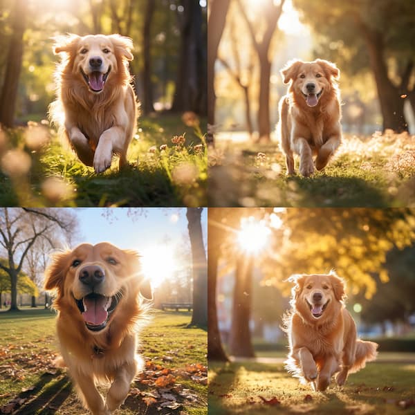 AI-generated image of a golden retriever in a sunny park, the result of a detailed prompt