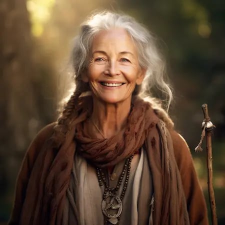 AI-generated portrait of an older woman in a forest holding a walking stick, the result of a shortened, prioritised prompt