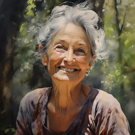 AI-generated portrait of an older woman in a forest, the result of a very long prompt