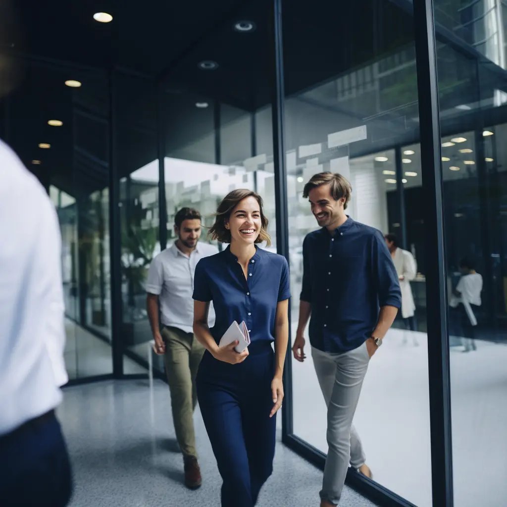 people walking with technical documents