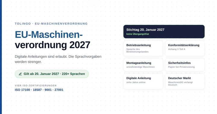 Schema: deutsche Betriebsanleitung wird in englische, französische und polnische Sprachfassungen überführt, digital über maschinenlesbaren Code bereitgestellt und mindestens zehn Jahre synchron gepflegt.