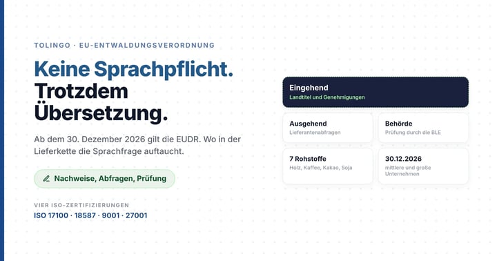 Titelbild zur EU-Entwaldungsverordnung: Stichtag 30. Dezember 2026 für mittlere und große Unternehmen, mit eingehenden Nachweisen wie Landtiteln, ausgehenden Lieferantenabfragen und der Prüfung durch die BLE
