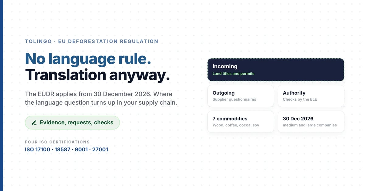 Title image on the EU Deforestation Regulation: deadline 30 December 2026 for medium-sized and large companies, with incoming evidence such as land titles, outgoing supplier questionnaires and checks by the German BLE