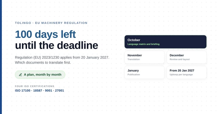 Title image for the EU Machinery Regulation translation plan: 100 days left until Regulation (EU) 2023/1230 applies on 20 January 2027, with language matrix and briefing in October, translation in November, review and layout in December and publication in January.