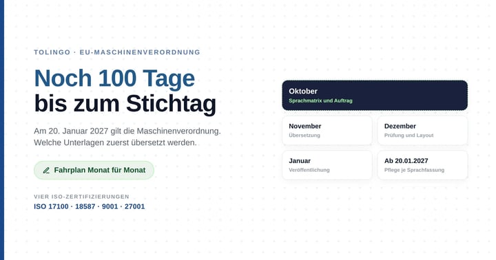 Zeitleiste von Oktober 2026 bis 20. Januar 2027 mit den Phasen Beauftragen, Übersetzen, Prüfen und Veröffentlichen für die Dokumentation nach der Maschinenverordnung