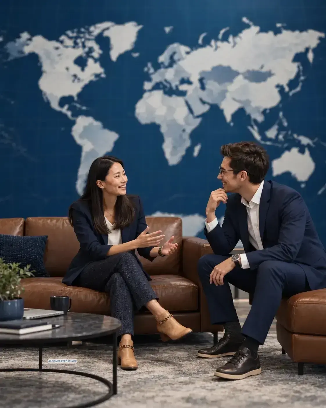 Eine Frau und ein Mann in Businesskleidung im Gespräch auf einem Ledersofa vor einer großen Weltkarte