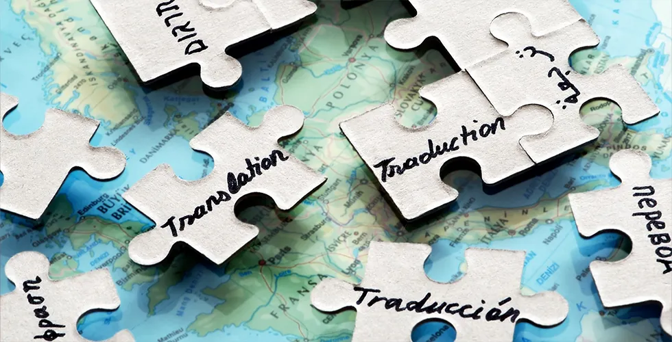 Several puzzle pieces that are labelled - e.g. with translation or localisation.
