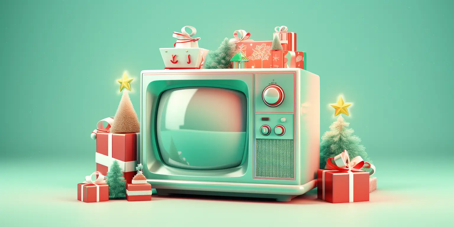 Weihnachtsgeschenke und Weihnachtsbäume säumen einen alten Fernseher