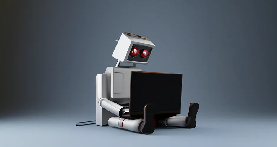 Robot googelt die Definition von Künstlicher Intelligenz am Laptop