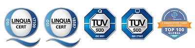 5 Zertifizierungsplaketten für: ISO 17100, ISO 18587, ISO 9001, ISO 27001 und die Top100 der Sprachdienstleister.