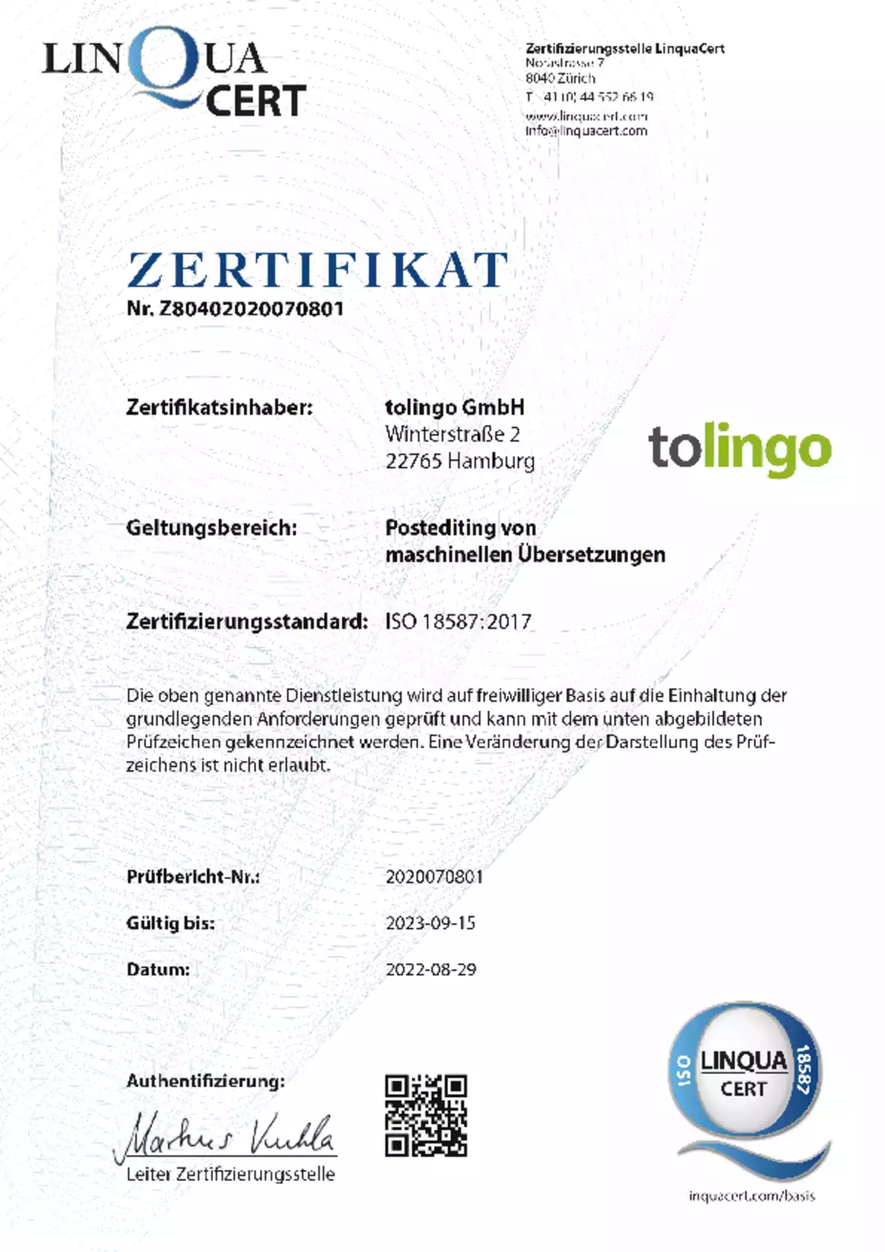 Certified post-editing of machine translations
