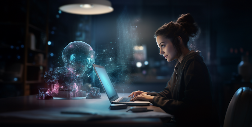 Marketing-Mitarbeiterin am Laptop, die mit einem AI-Assistenten Conversion-Optimierung macht