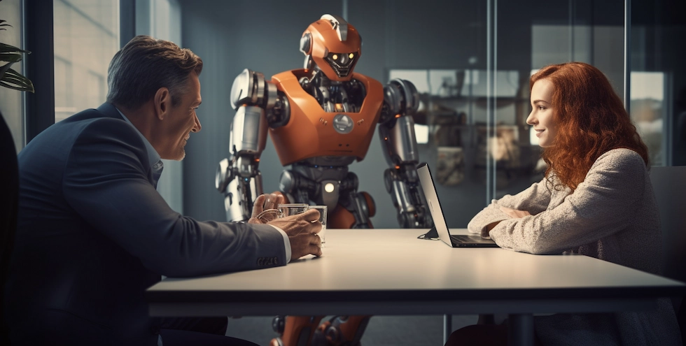 Ein KI-Roboter nimmt am Marketing-Meeting zur Conversion-Optimierung teil