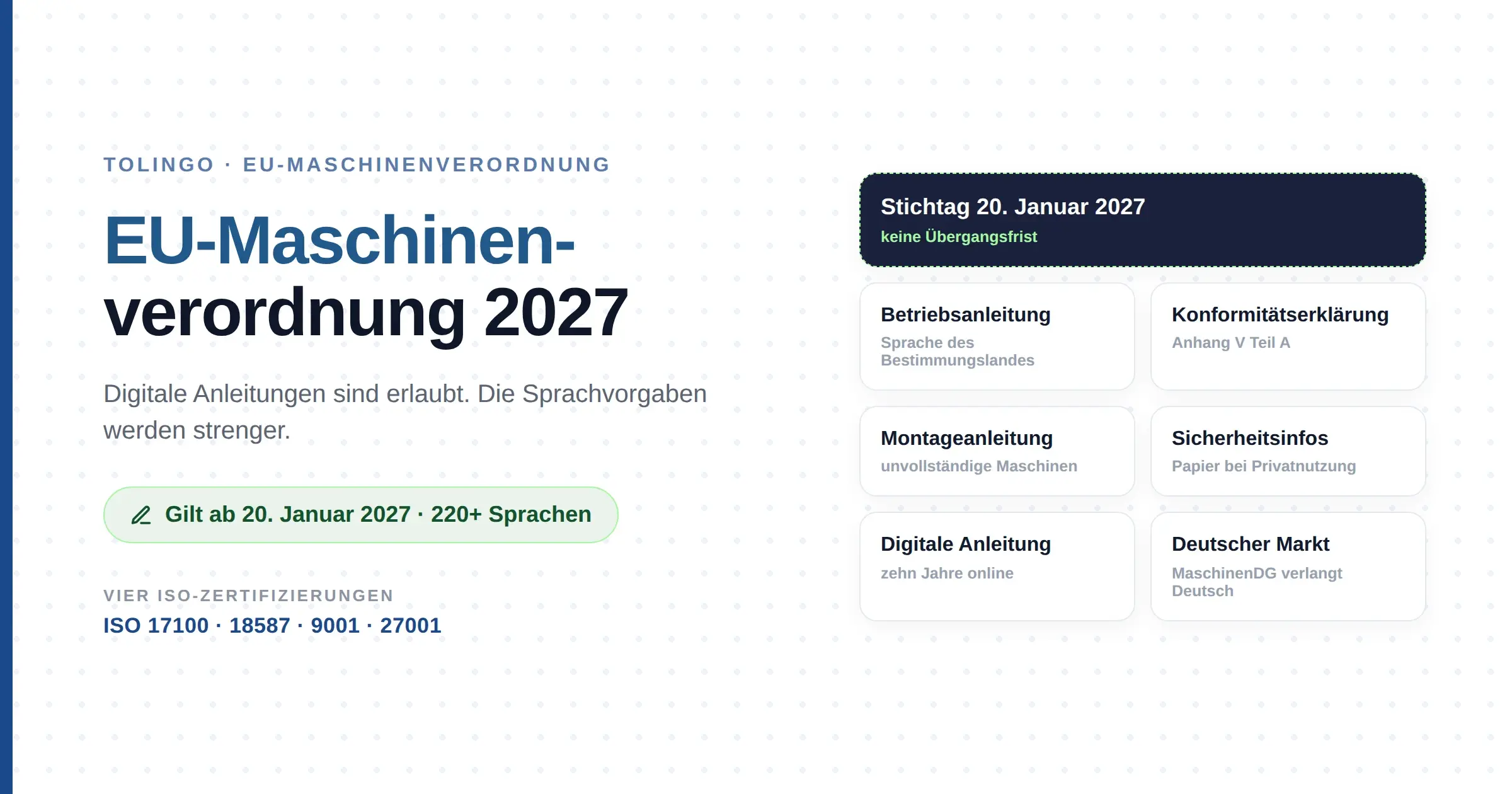 Schema: deutsche Betriebsanleitung wird in englische, französische und polnische Sprachfassungen überführt, digital über maschinenlesbaren Code bereitgestellt und mindestens zehn Jahre synchron gepflegt.