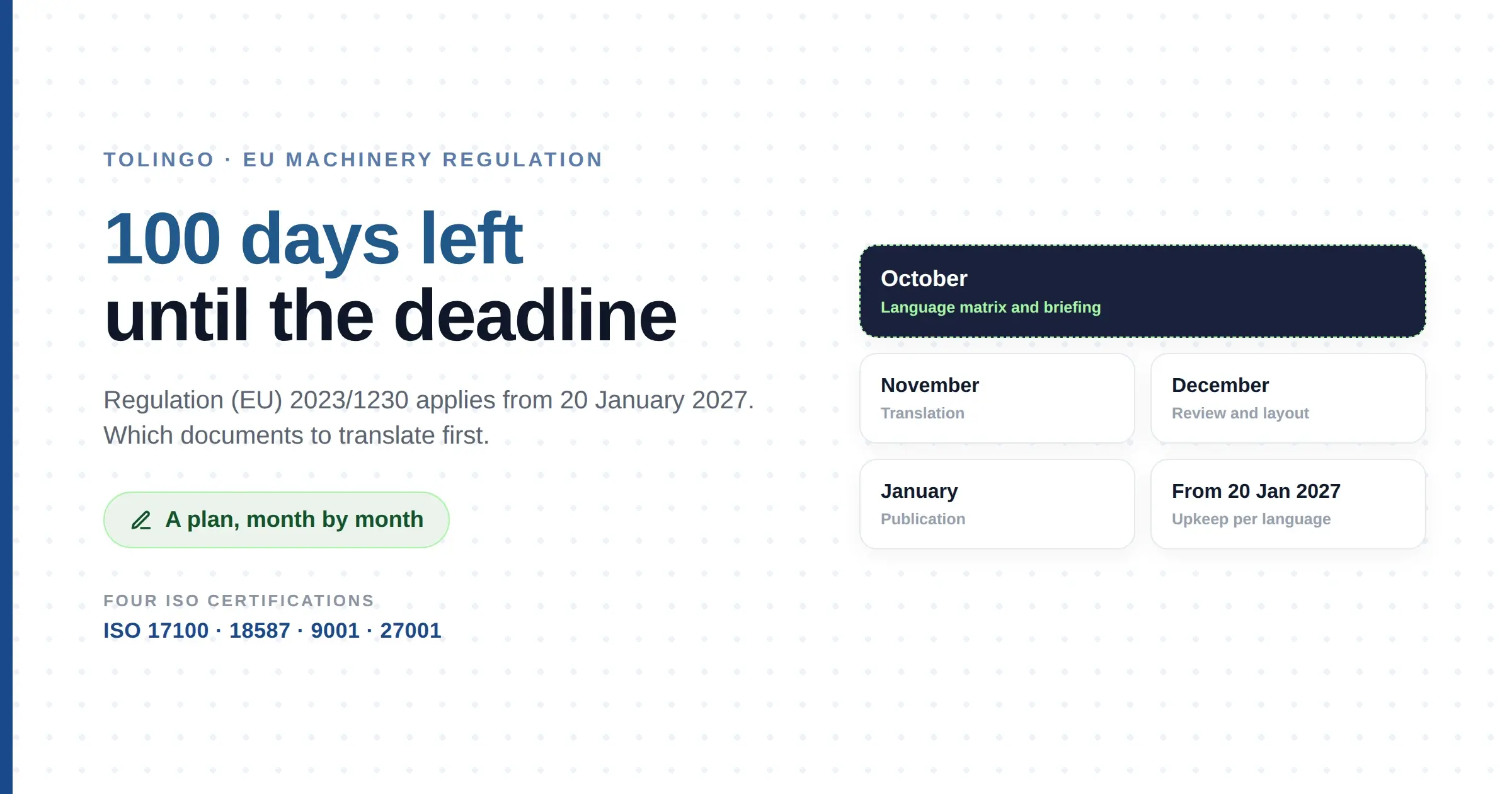 Title image for the EU Machinery Regulation translation plan: 100 days left until Regulation (EU) 2023/1230 applies on 20 January 2027, with language matrix and briefing in October, translation in November, review and layout in December and publication in January.