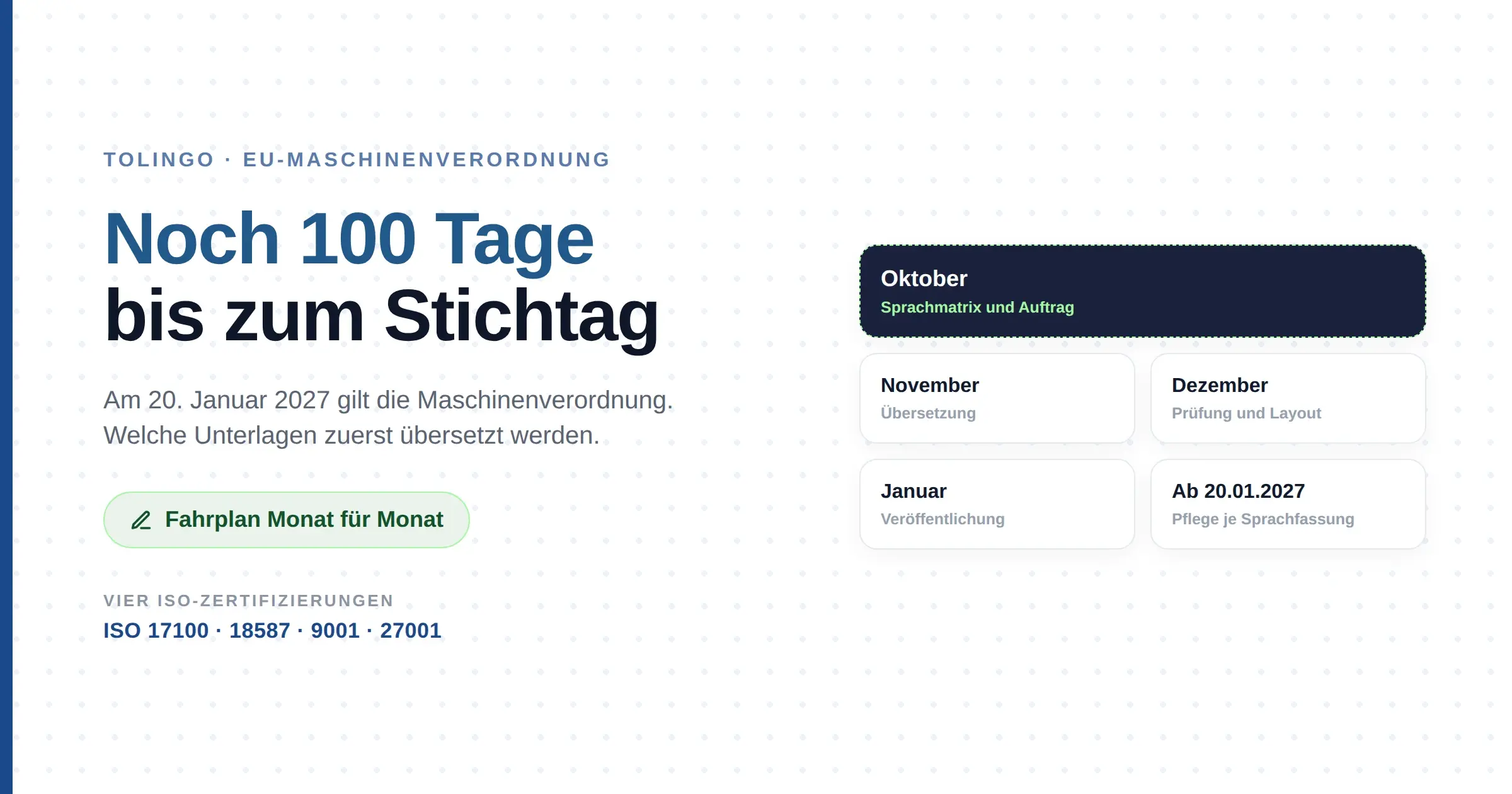 Zeitleiste von Oktober 2026 bis 20. Januar 2027 mit den Phasen Beauftragen, Übersetzen, Prüfen und Veröffentlichen für die Dokumentation nach der Maschinenverordnung