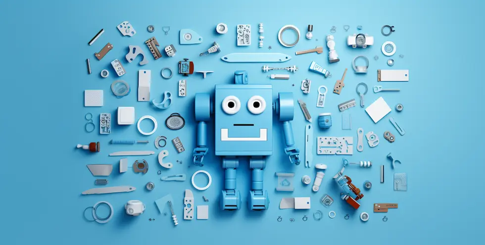 Roboter umgeben von vielen Roboterbauteilen: Was ist Prompt Engineering? Ausführlicher Ratgeber